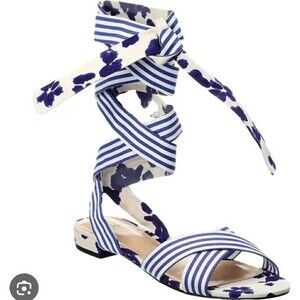 Cabi #6013 Watercolor Tied Up Sandals Shoes Blue White Stripe Floral Size 8